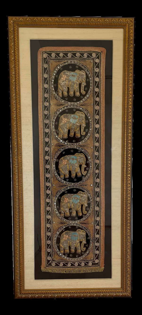 1950s Burmese Kalaga Elephant Silk Tapestry Wall Hanging Framed Textile Art
